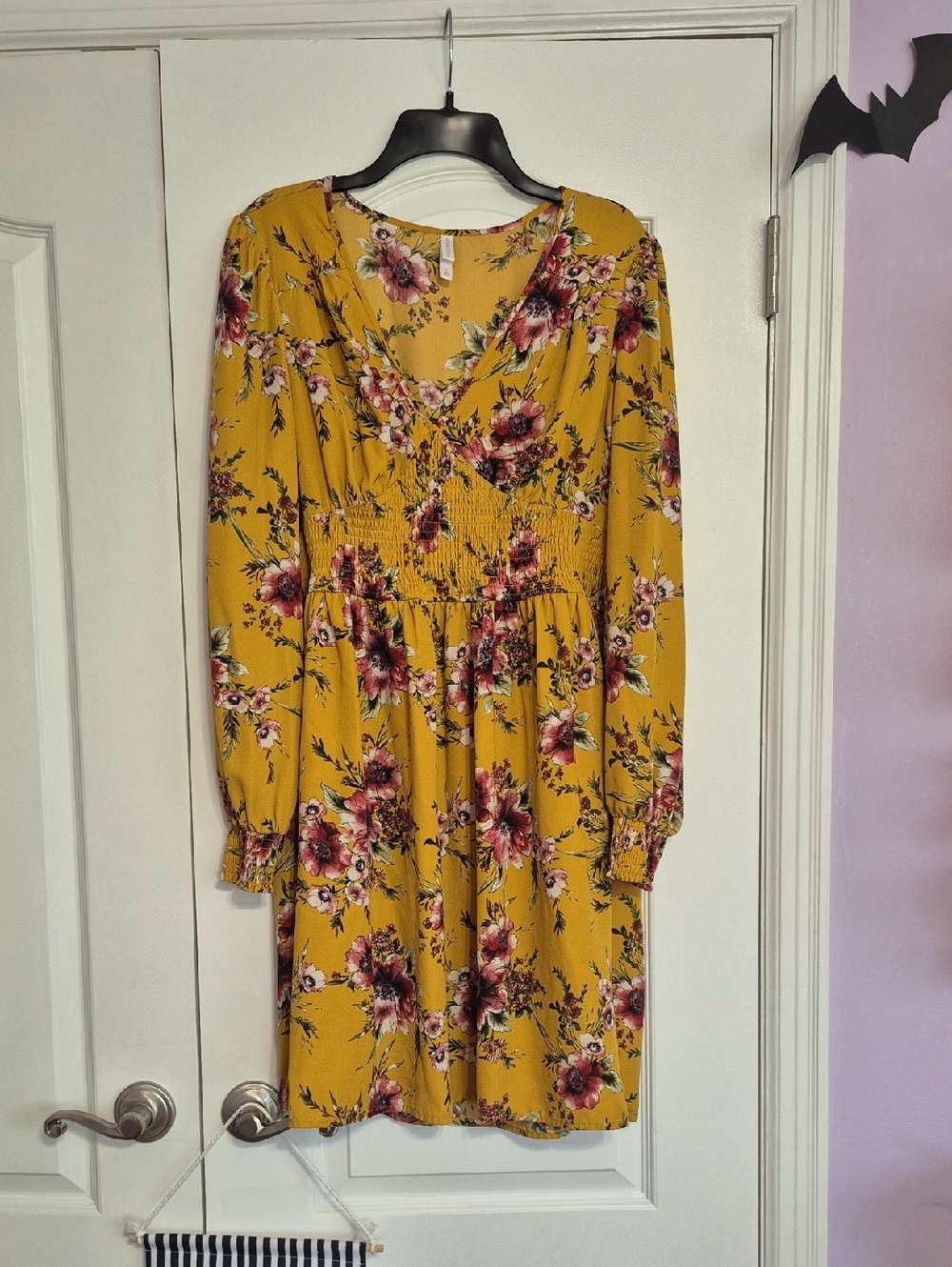 XHILARATION Floral Mustard Long Sleeve Smocked Waist Dress